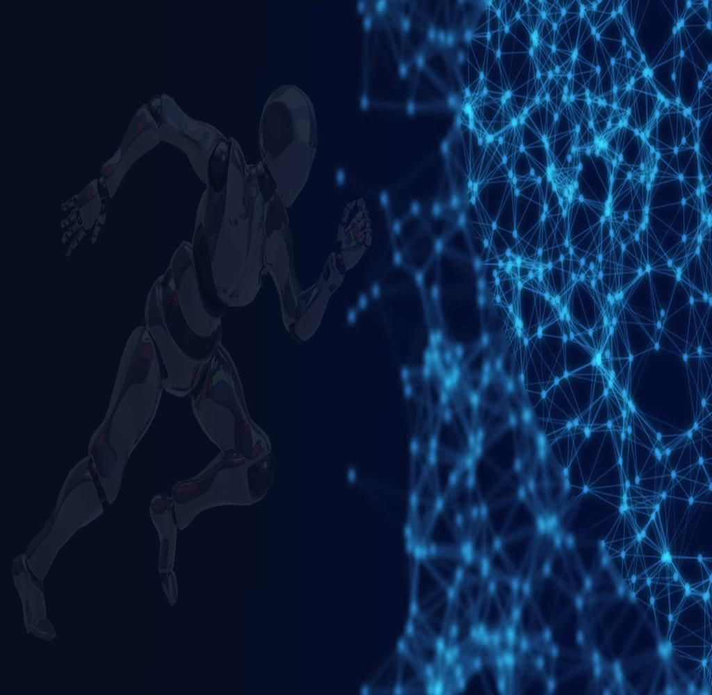 Stylized robot figure running towards a glowing network, symbolizing AI-powered speed and connectivity